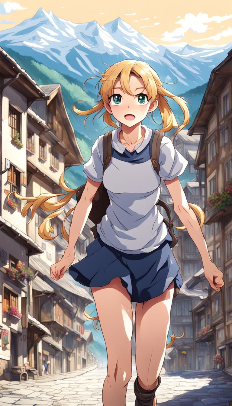 Anime Girl with Horse Ears in Pyrenees Town