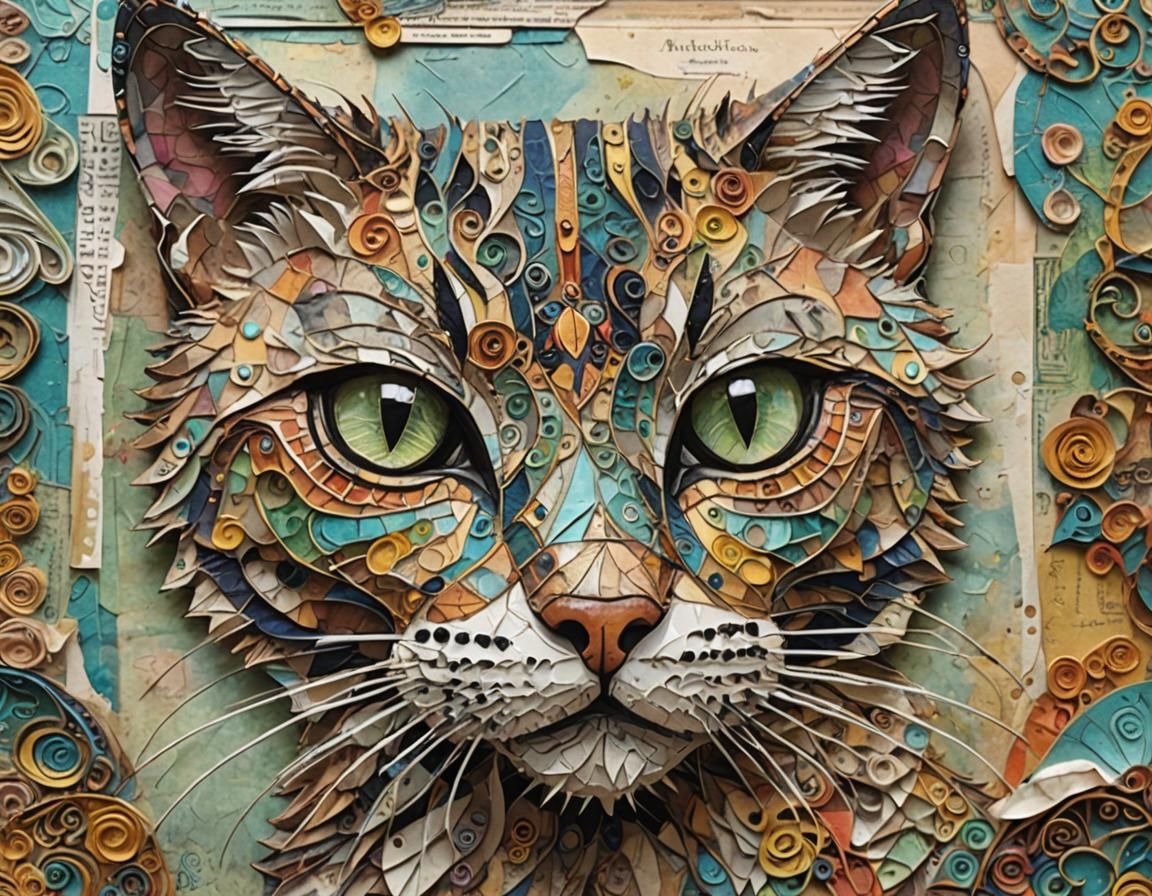 Paper Mache Cat Sculpture in Visionary Style