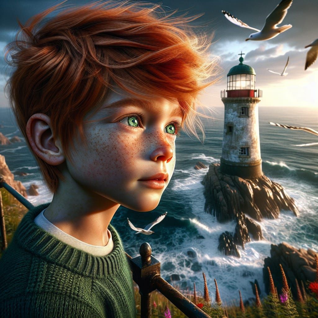 Boy Contemplates Ocean from Lighthouse, Splash Art