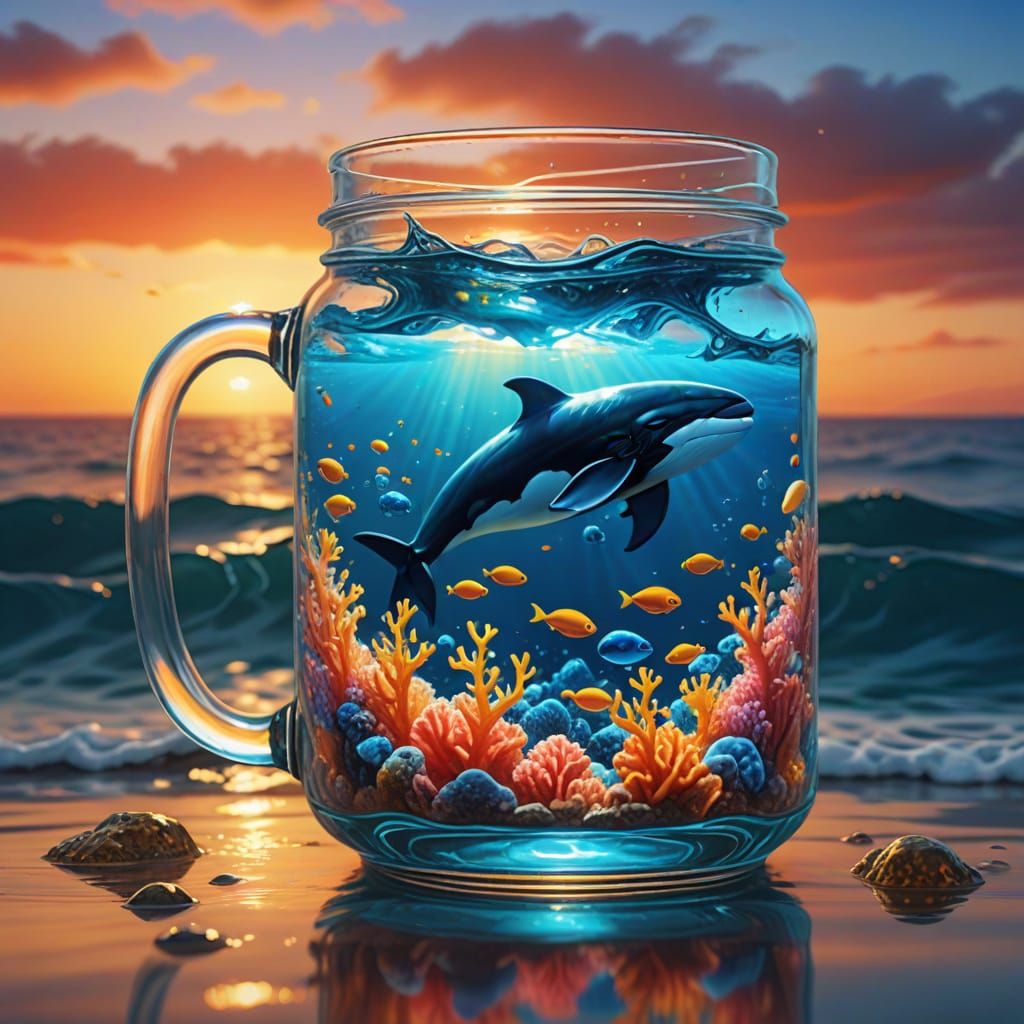 Surreal Mug with Glowing Jar and Whale, Vibrant Oil Painting