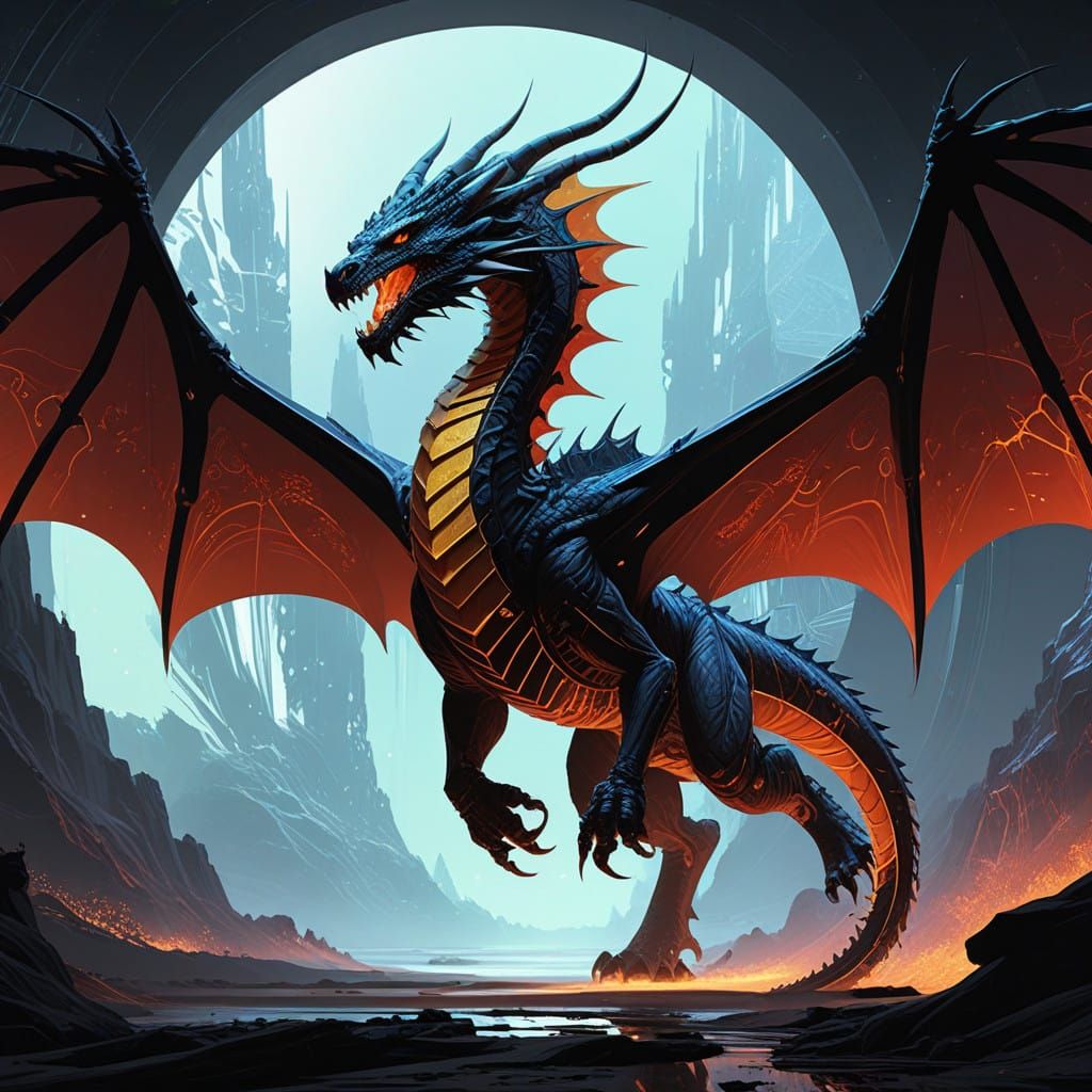 Dragon in Fractal Vector Pattern with 3D Shading