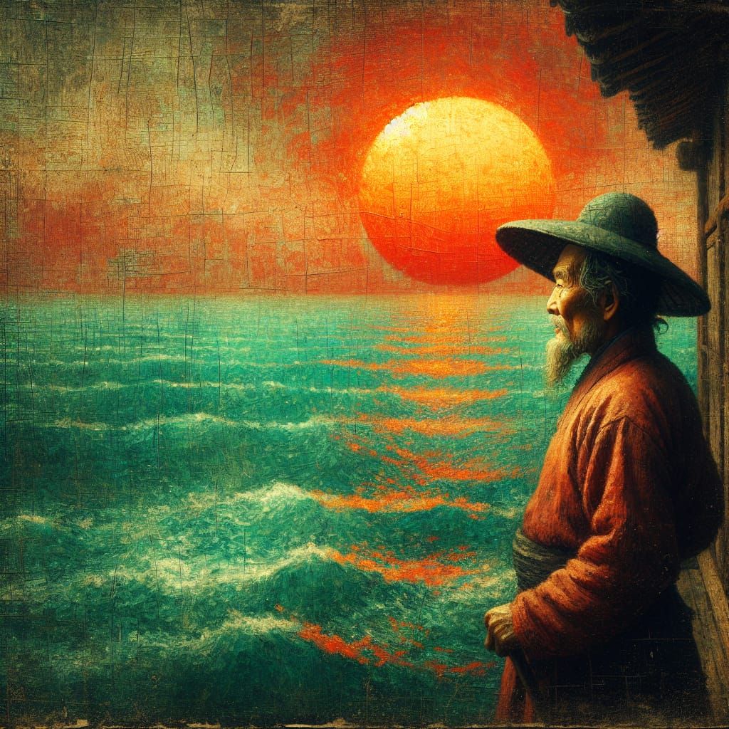 Korean Mariner Contemplates Sunset: Renaissance Oil Portrait