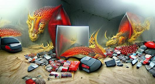 Red Dragon Hoarding Tech in Hyperrealistic 3D