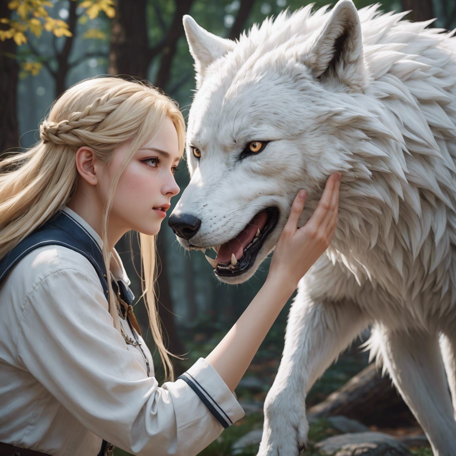 Anime Girl Calming White Wolf in 3D Art