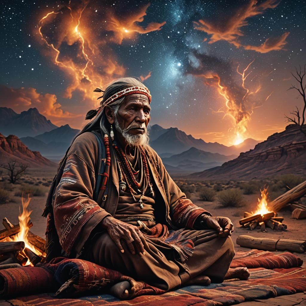 Indigenous Shaman by Fire Under Starry Sky