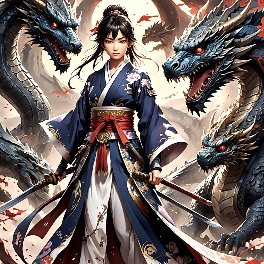 Fantasy Japanese Warrior Confronts Dragon in Anime Style