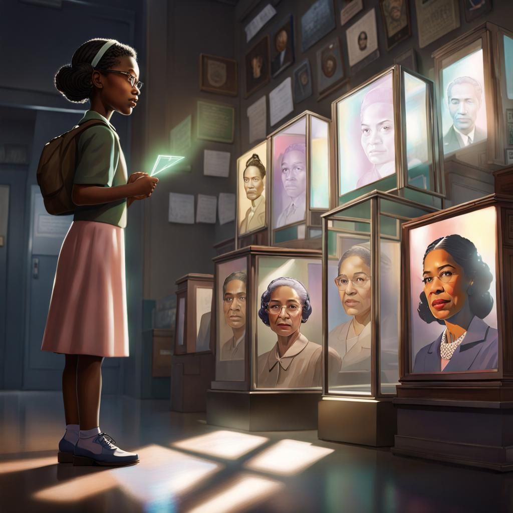 In the future girl is looking at an hologram of leader Rosa Parks.