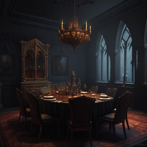 Gothic Vampire Dining Room in Detailed Matte Painting Style