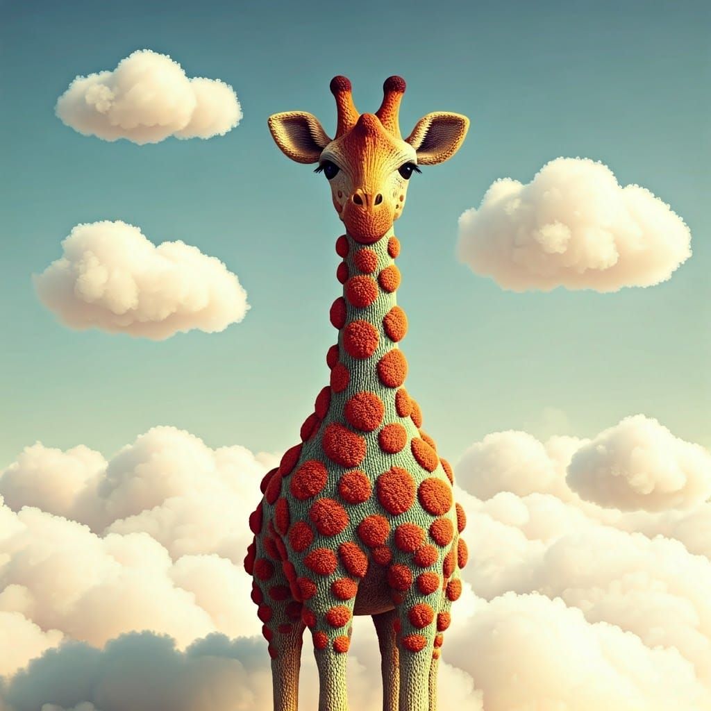Yarn Giraffe in Dreamy Cloudscape
