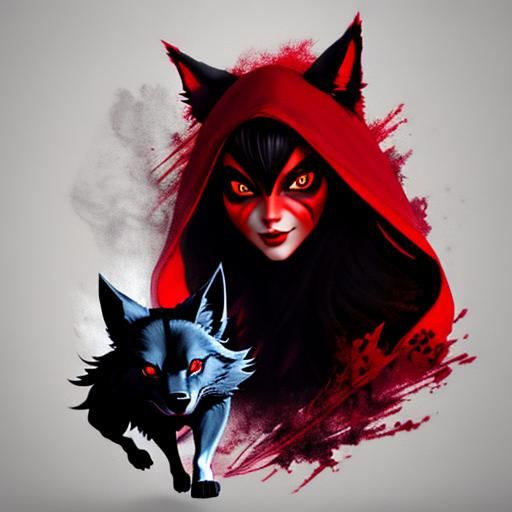 Hyperrealistic Cartoon: Little Red Riding Hood Chasing Wolf