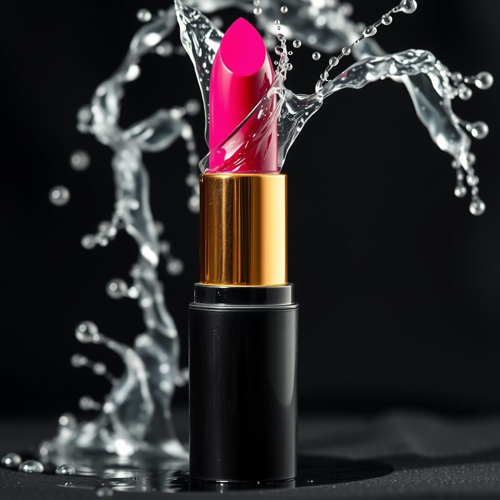 Glossy Pink Lipstick with Gold Accents and Splashes
