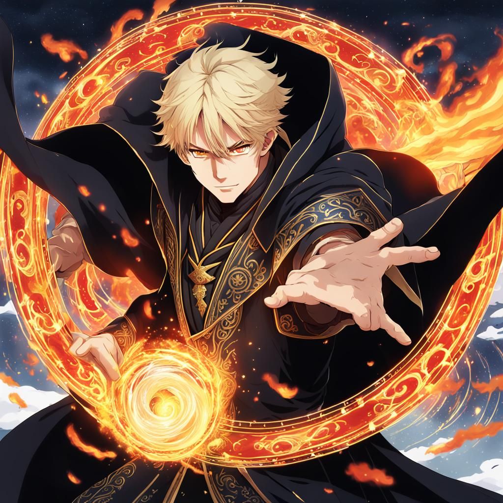 Blonde Wizard Casting a Fire Spell in Anime Style