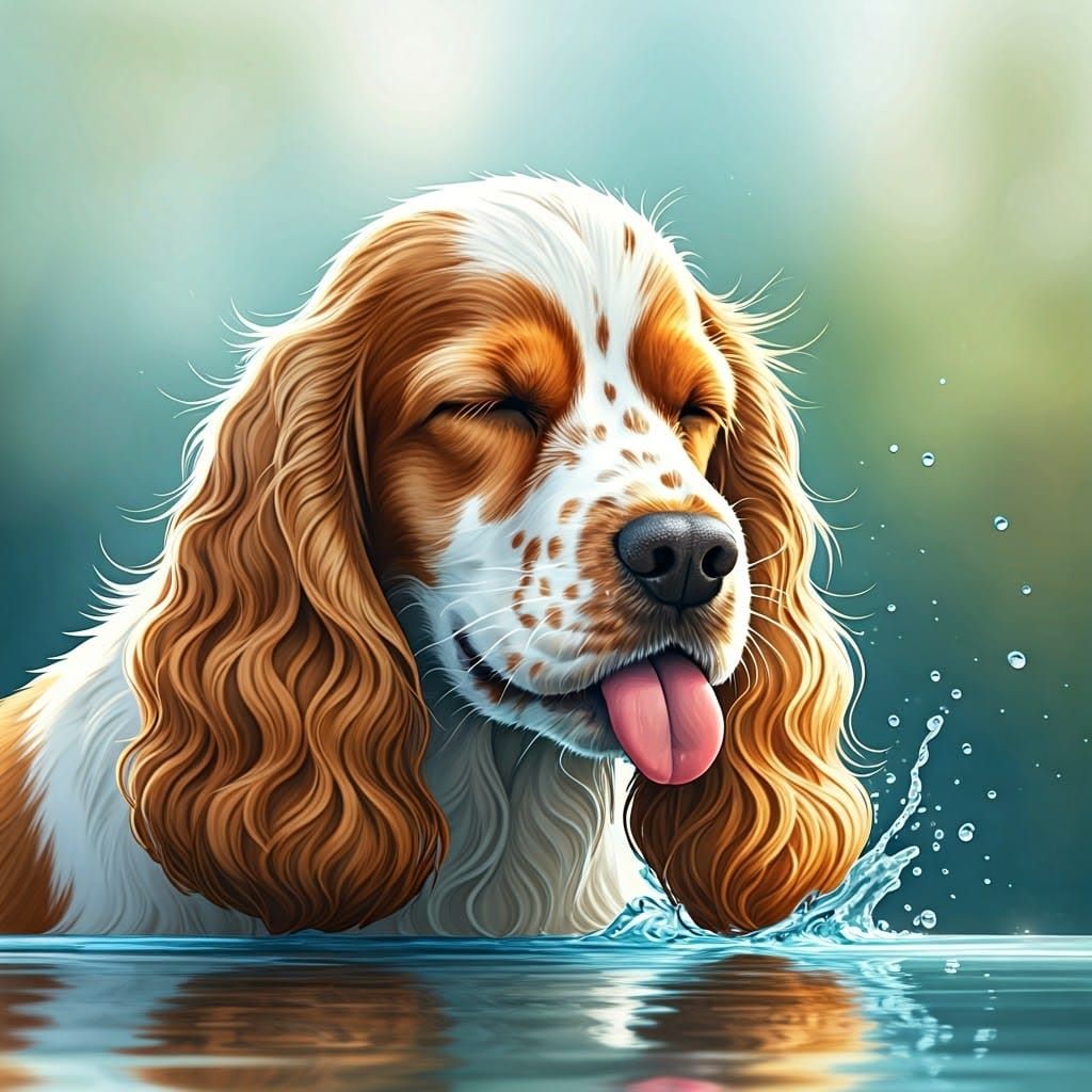 Cocker Spaniel at Water Fountain in Watercolor Style