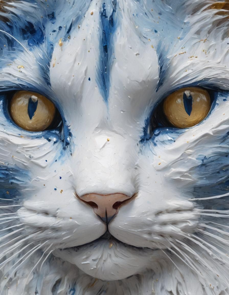 Detailed Cat Portrait with Blue and Gold Accents
