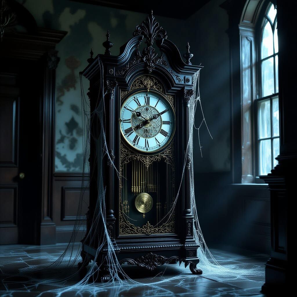 Spun Web Grandfather Clock in Gothic Mansion