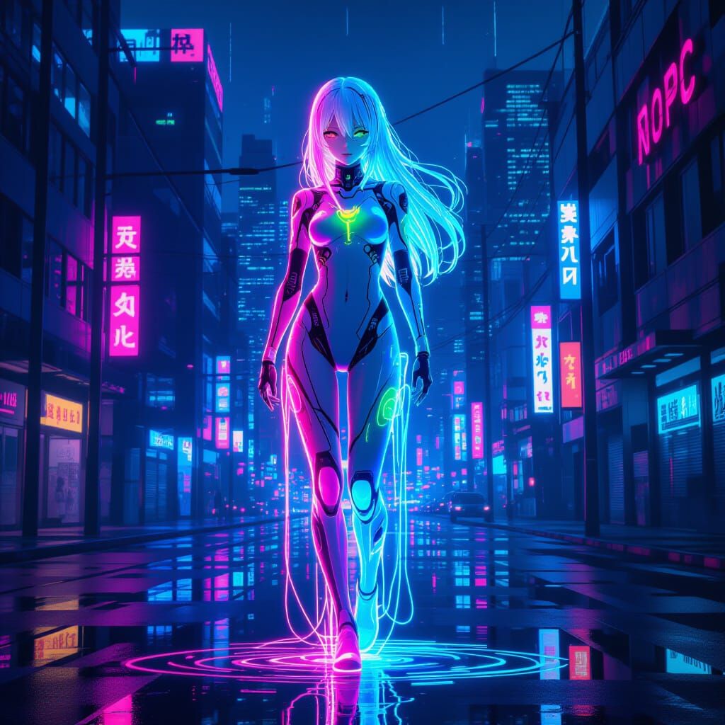 Futuristic Neon Liquid Girl in Cyberpunk City