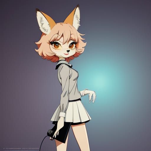 An anthropomorphic 1960s fox wearing a miniskirt and cute ru...