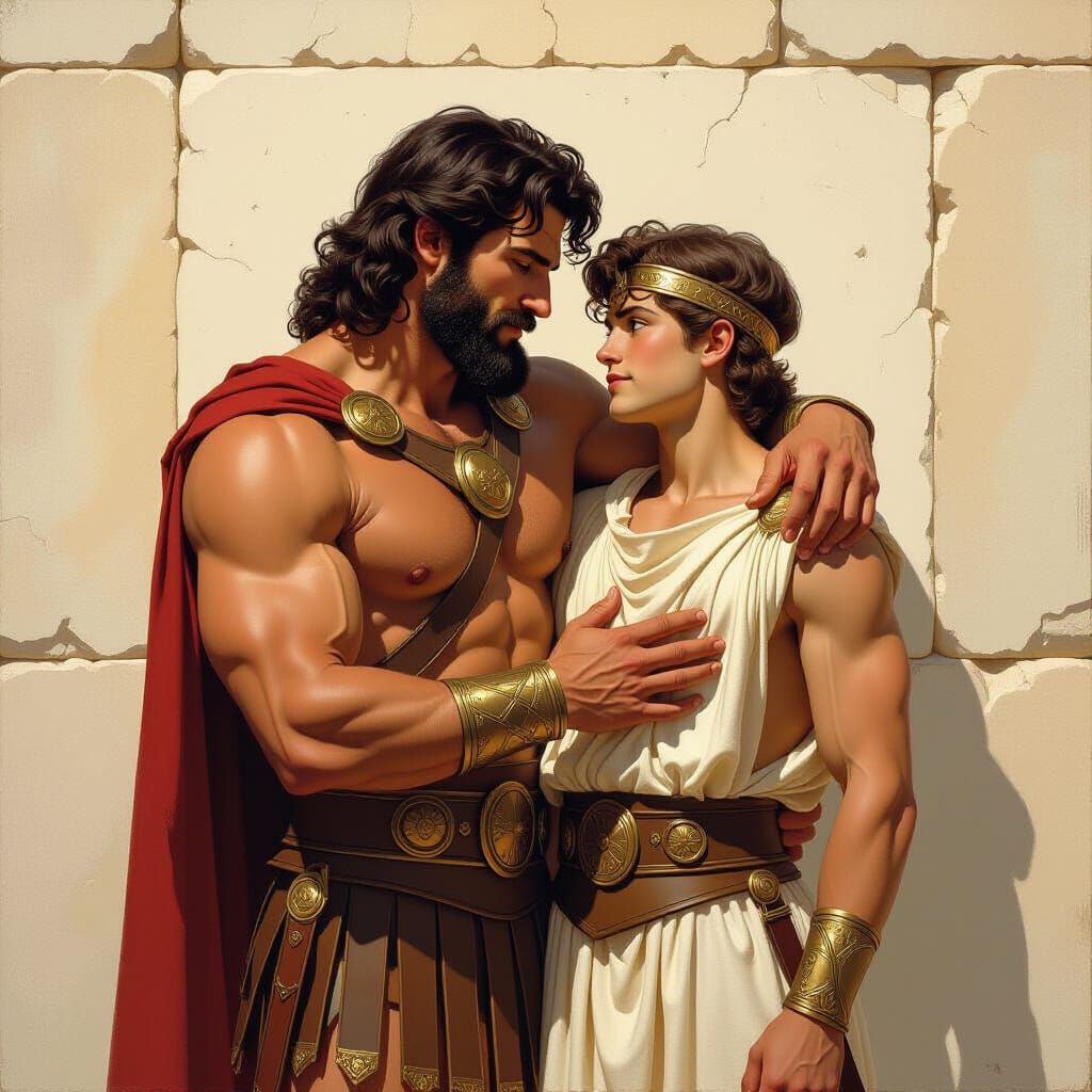 Hercules Embracing Younger Self in Ancient Greek Style