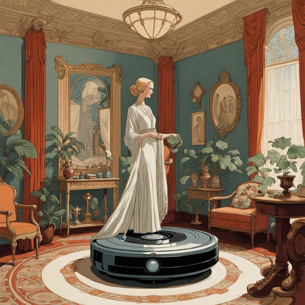 Vintage Goddess Steers Retro-Futuristic Roomba in Opulent 19...