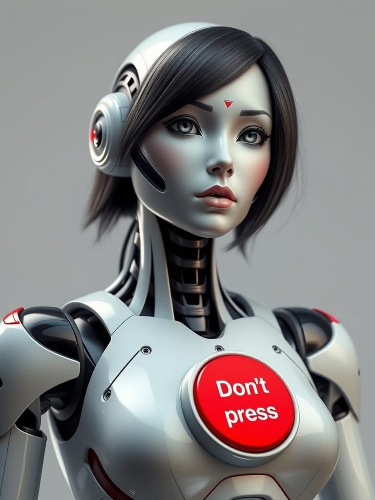 Hyperrealistic Robot Woman with Red Button Warning