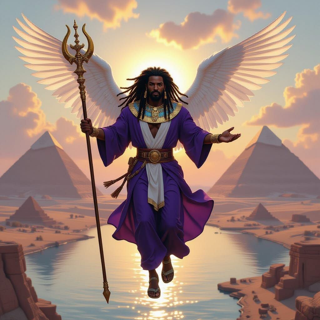 Black Angel with Ankh Staff Flies Over Pyramids