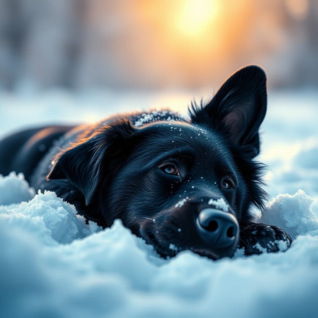 Adorable Black Dog in Snow: Hyperrealistic Splash Art
