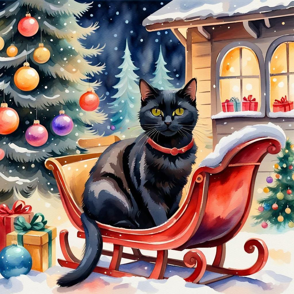 Festive Black Cat in Sleigh: Watercolor Gouache Illustration