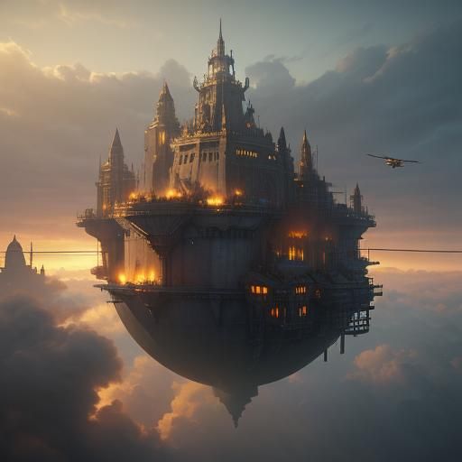 Flying Steampunk Fortress Soaring Above Clouds