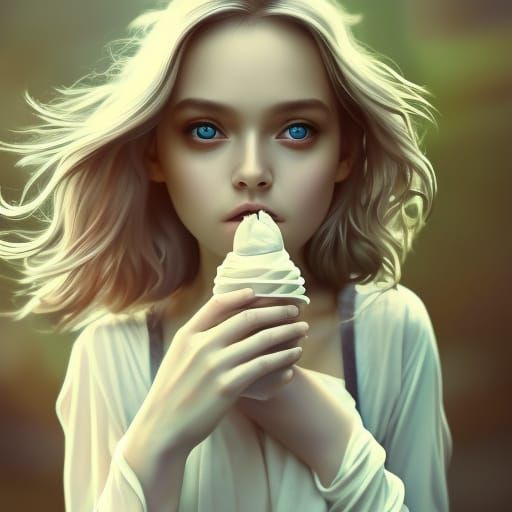 Hyperrealistic Girl with Ice Cream Cone in Pastel Colors