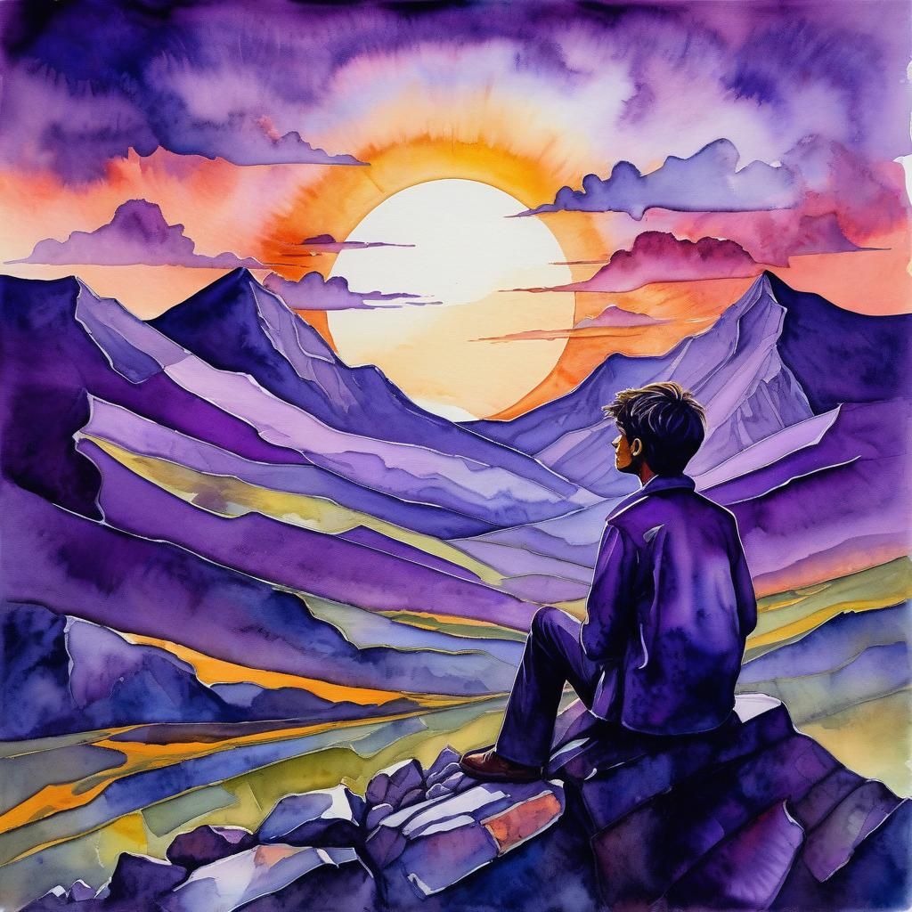 Boy Remembers Father: Surreal Impressionistic Watercolor Sun...
