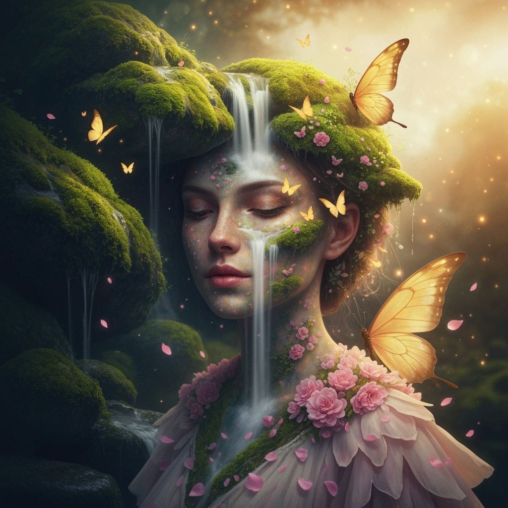Ethereal Nature Spirit Portrait with Waterfalls and Butterfl...