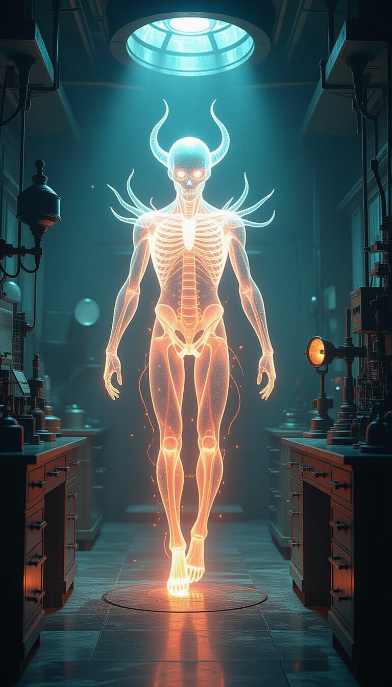 Spectral Entity in Vintage Sci-Fi Lab