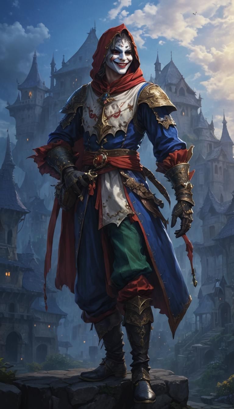 Handsome Jester in Fantasy Village Illustration