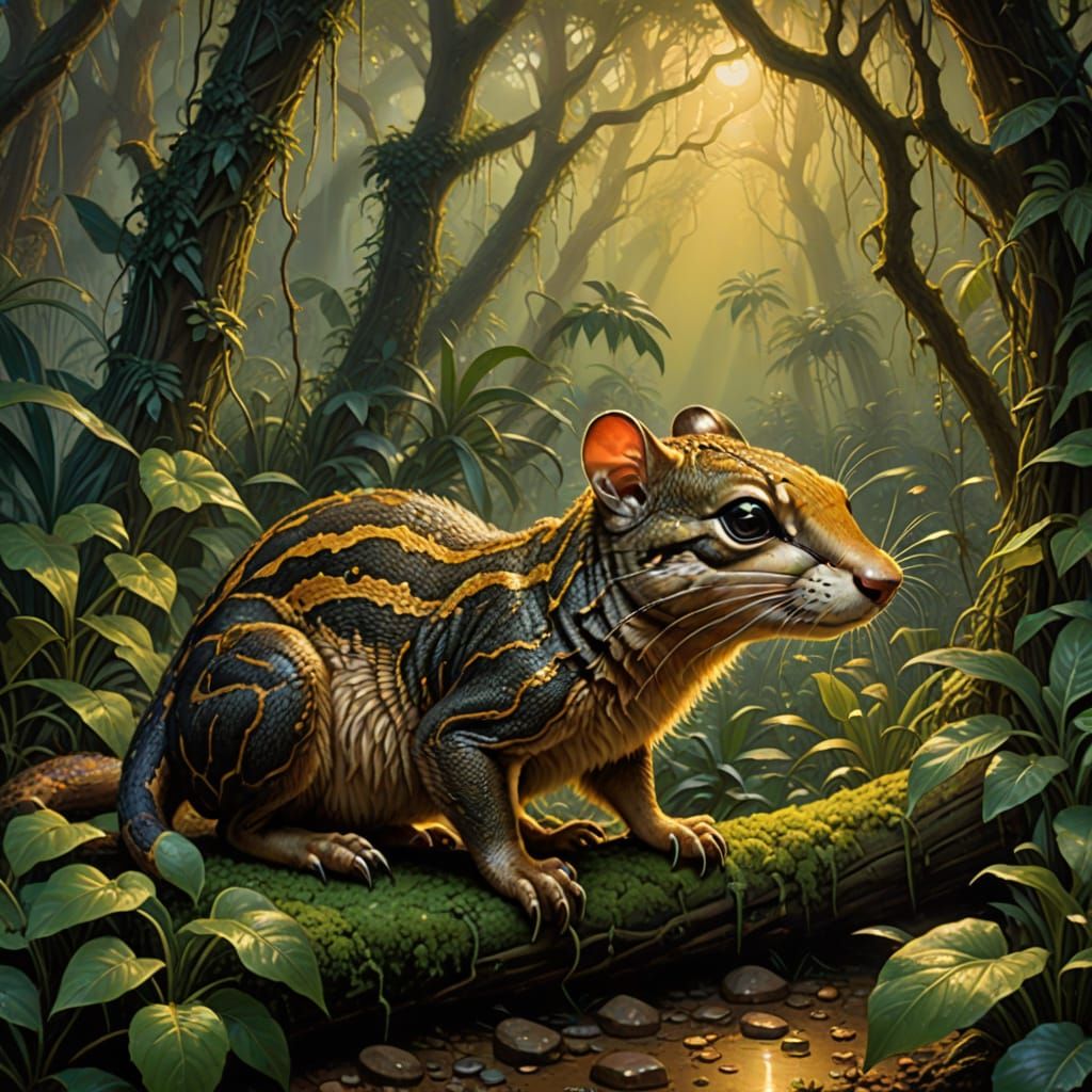 Venomous Mammal in Ethereal Jungle Blizzard Oil Painting