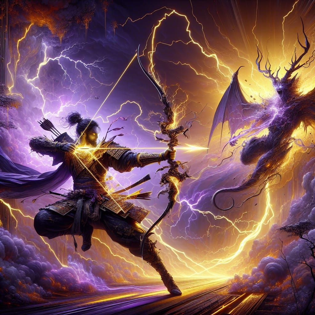 Samurai Archer Strikes Demon with Lightning Arrow