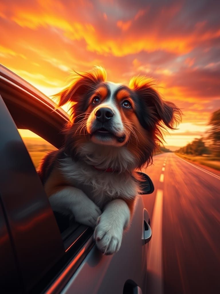 Dog in Car at Sunset, Digital Illustration