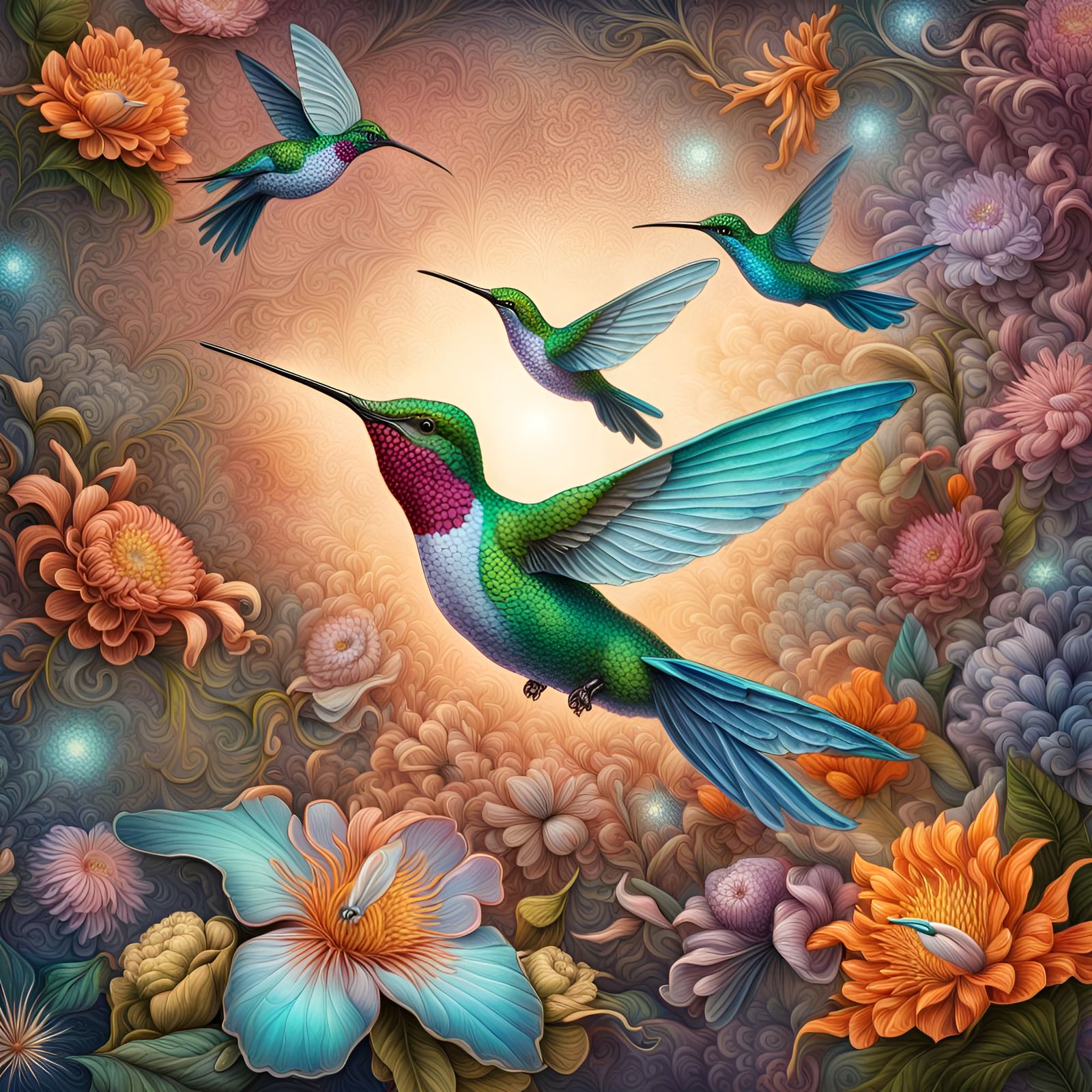Hummingbirds in Flight: Intricate Cosmic Illustration