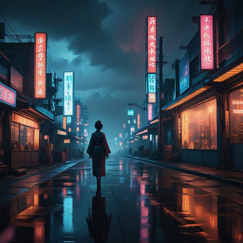 Cyberpunk Geisha on Neon Boardwalk in Suruga Bay Twilight