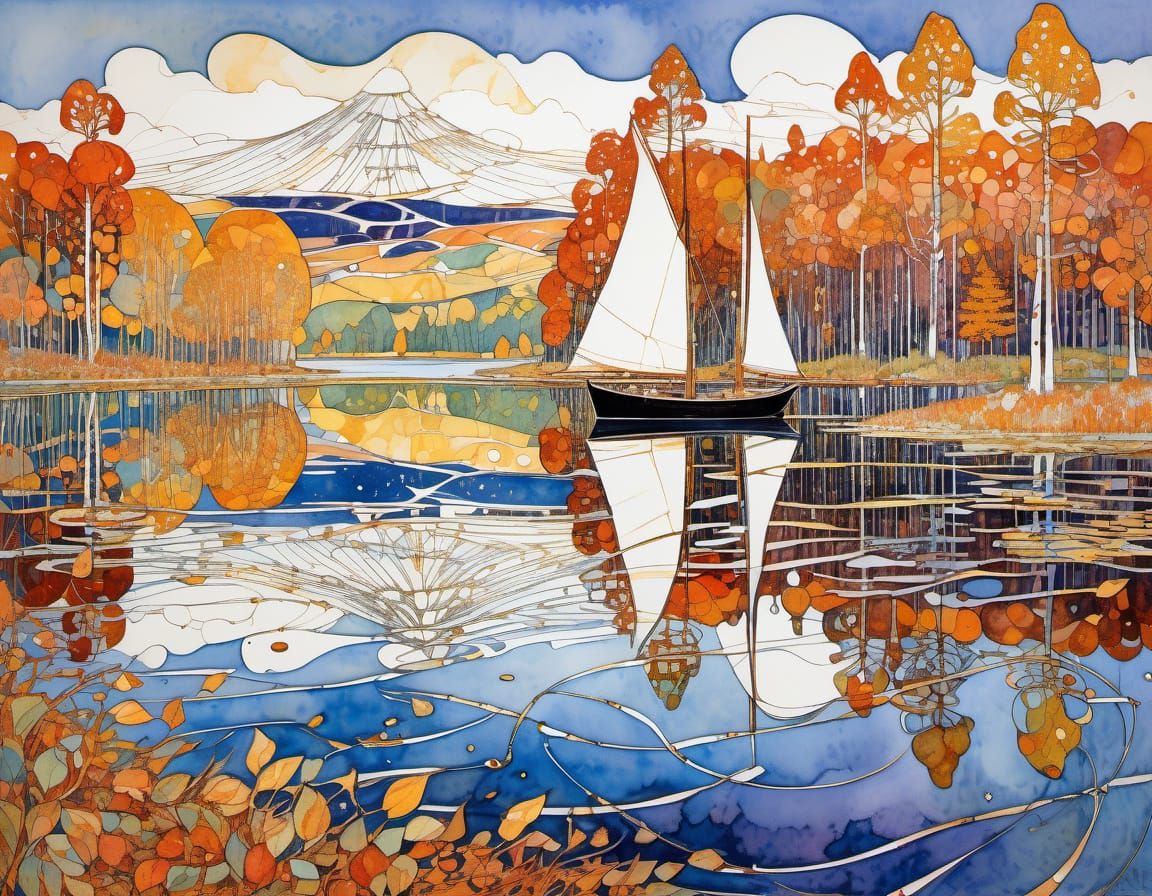 Autumn Lake with White Sails in Art Nouveau Style