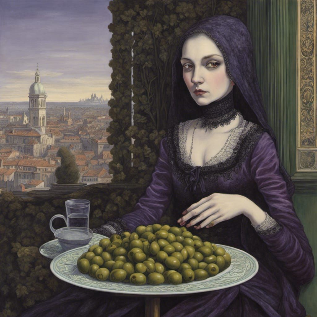 Goth lady violet sky at a cafe eating green olives Canaletto...