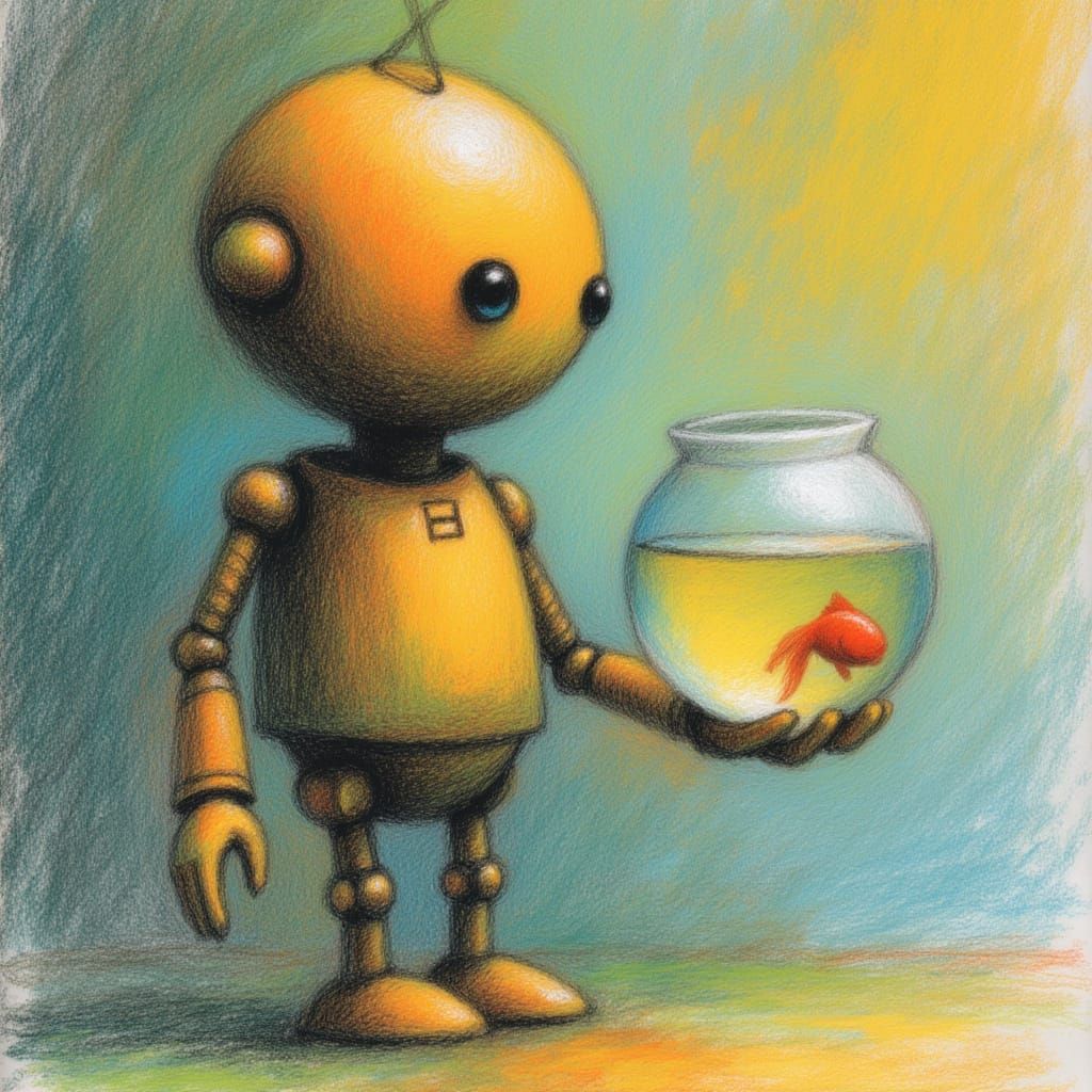 Cute Robot Holding a Fishbowl in Dry Crayon Style
