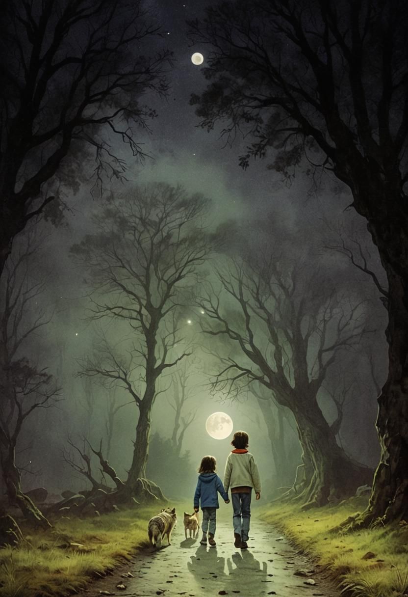 Children and Wolf Under Moonlight in Foggy Forest