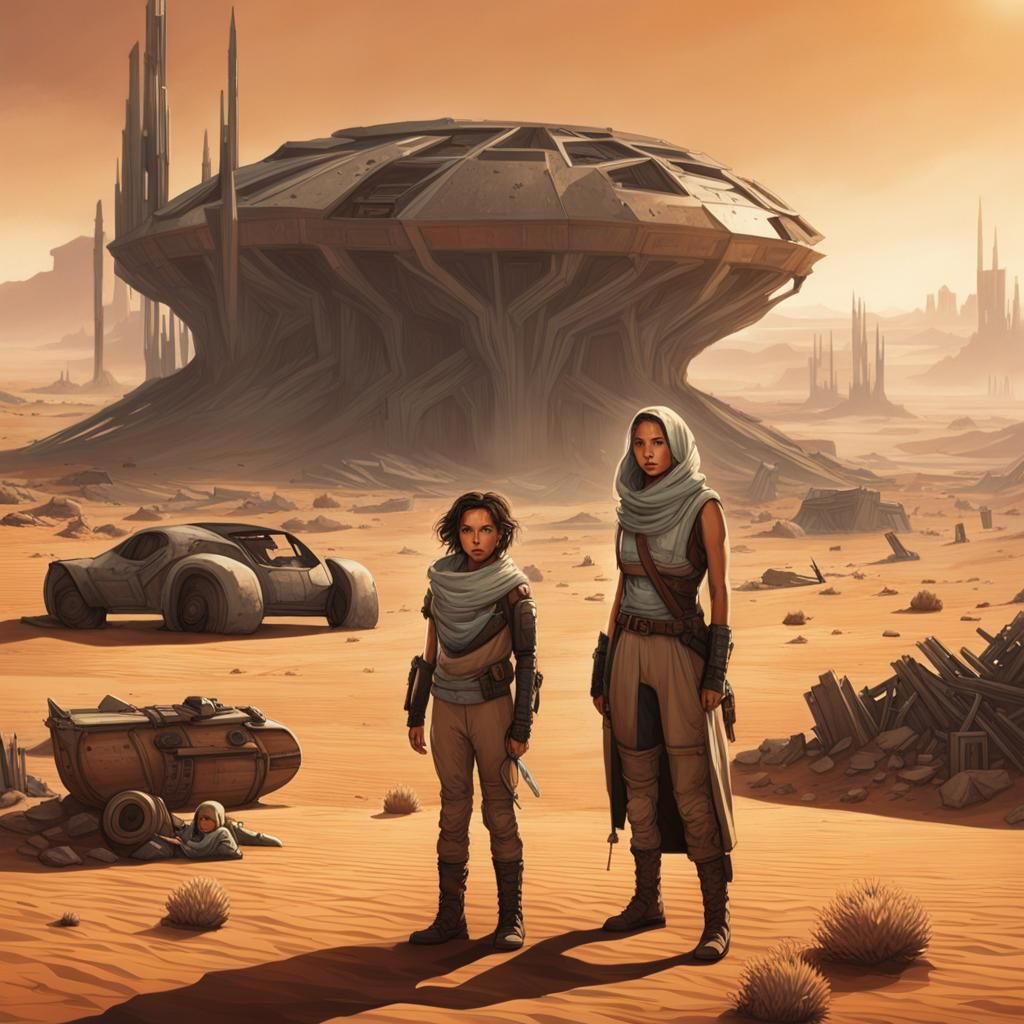 Dystopian Desert Ruins: Mother and Child in Futuristic Waste...