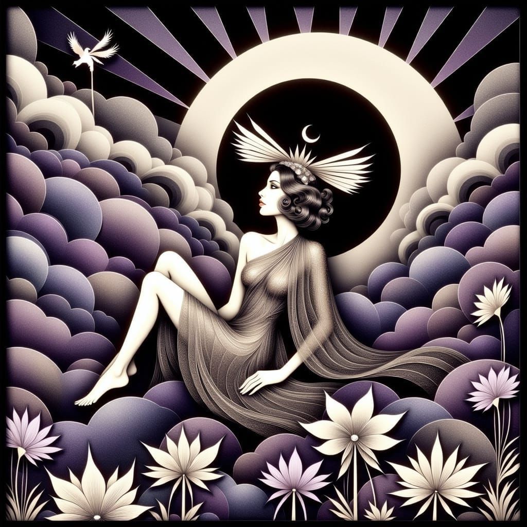 Elegant Art Deco Goddess Among Celestial Clouds