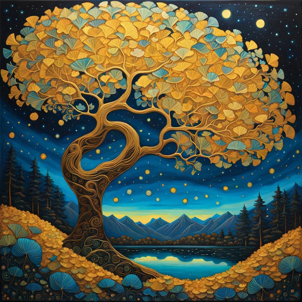 Golden Ginkgo Tree in Bioluminescent Clouds