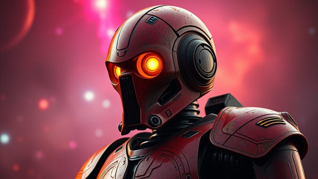 Rusty Red Battle Droid in Cosmic Landscape