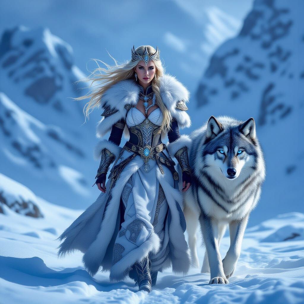 Valkyrie and Wolf in Snowy Mountains