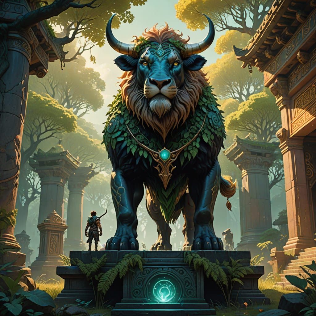 Majestic Bipedal Creature with Lion and Human Heads Stands o...