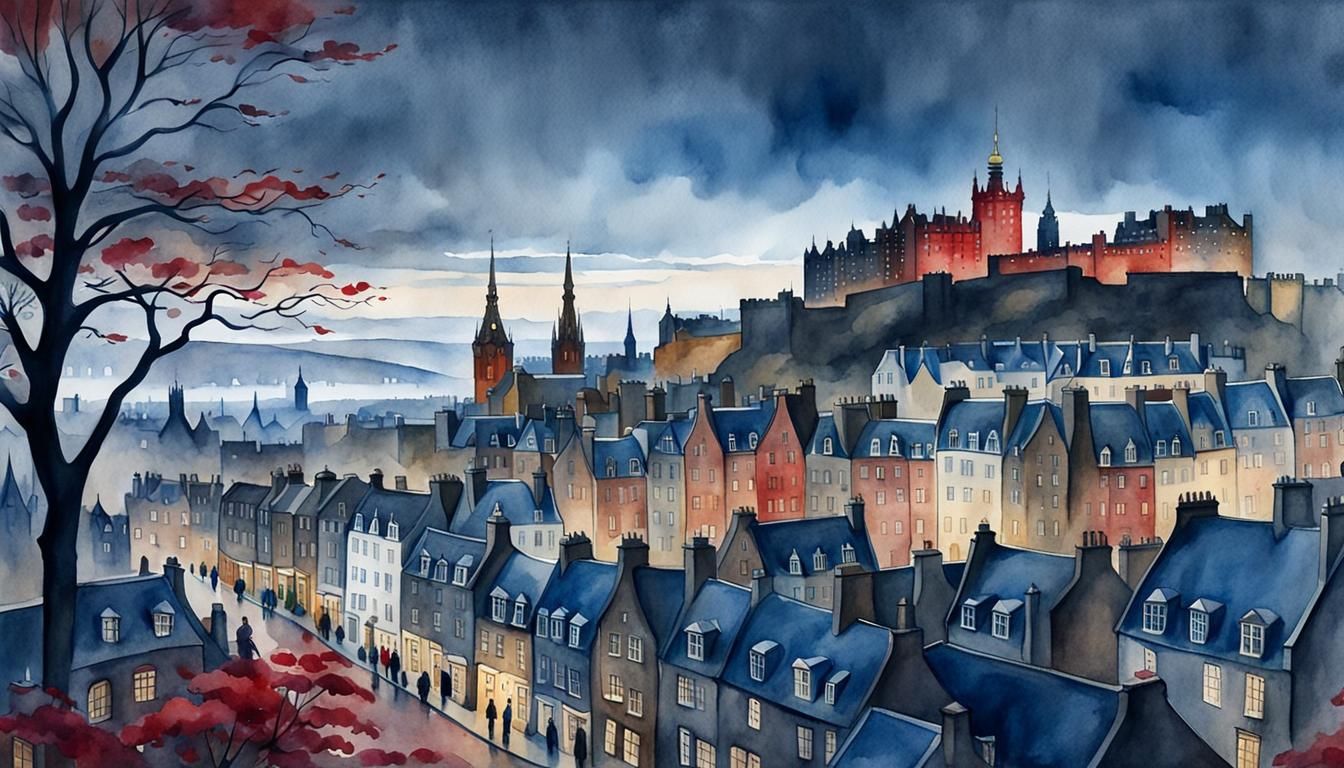 Edinburgh Old Town in Watercolor Style