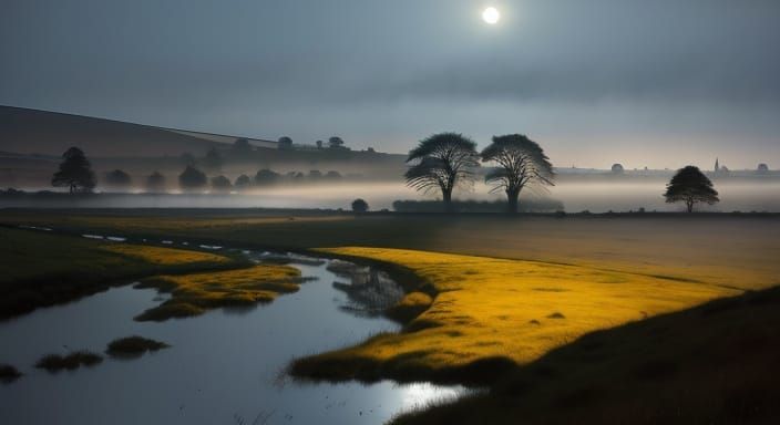 Misty Moor Landscape in Watercolor Style